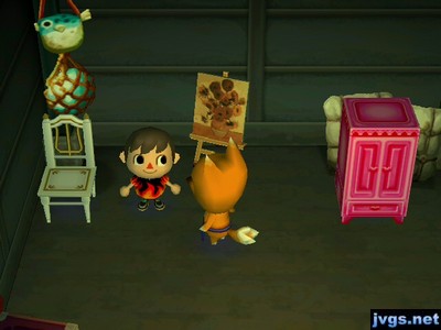 A regal chair, a flowery painting, and a lovely armoire on sale in Crazy Redd's shop.