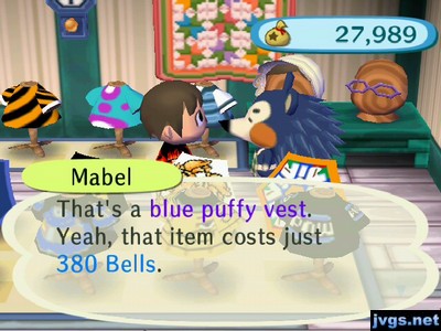 Mabel: That's a blue puffy vest. Yeah, that item costs just 380 bells.
