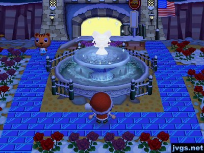 Serena appears out of the fountain in Animal Crossing: City Folk (ACCF).