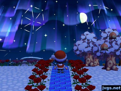 The northern lights in the sky, along with the orange constellation and the J constellation.