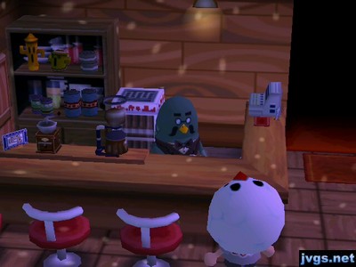 A snowman gets coffee at the Roost.