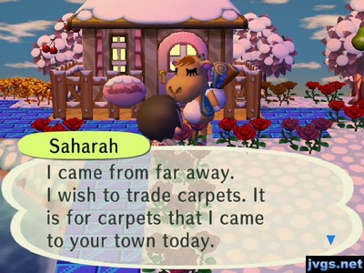 Saharah: I came from far away. I wish to trade carpets. It is for carpets that I came to your town today.