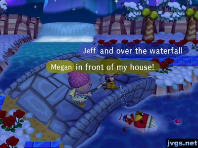 Jeff sprinkles water onto Pascal (floating in the river below) while Megan tries to catch Pascal with her fishing rod.