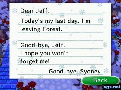 Dear Jeff, Today's my last day. I'm leaving Forest. Good-bye, Jeff. I hope you won't forget me! Goodbye, -Sydney