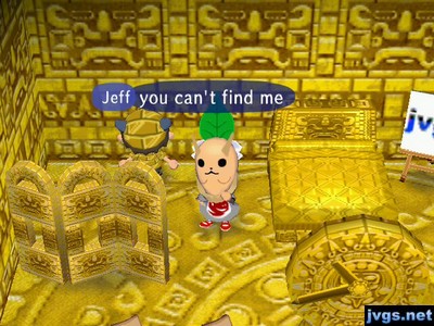 Jeff, wearing a gold brick pattern in a gold room: You can't find me.