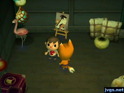 Mr. Flamingo, a scary painting, and a tea vase on sale in Crazy Redd's shop.