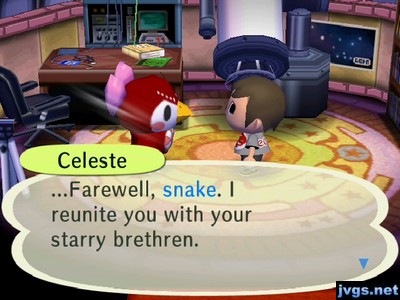 Celeste: ...Farewell, snake. I reunite you with your starry brethren.