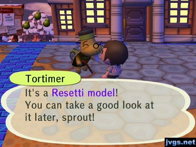 Tortimer: It's a Resetti model! You can take a good look at it later, sprout!