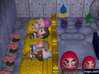 Four people on three beds in the obstacle course in Scott's basement.