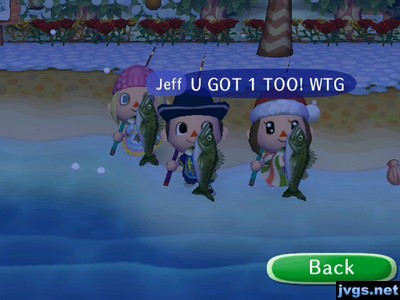 Megan, Jeff, and Yann each holding up a "rare" sea bass.