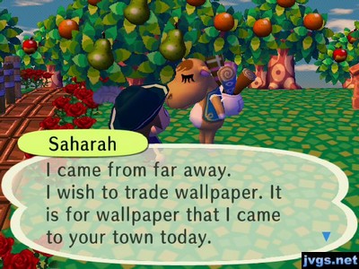 Saharah: I came from far away. I wish to trade wallpaper. It is for wallpaper that I came to your town today.