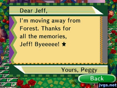 Dear Jeff, I'm moving away from Forest. Thanks for all the memories, Jeff! Byeeeee!