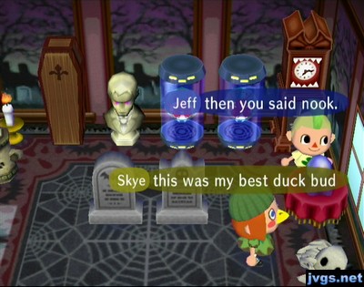 Skye, standing by a creepy skeleton: This was my best duck bud.