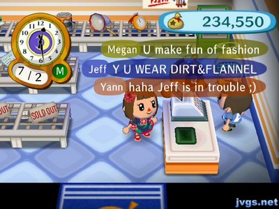 Megan: U make fun of fashion. Jeff: Y U WEAR DIRT & FLANNEL