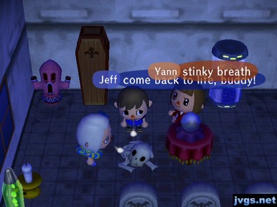 Jeff and Meg trying to breathe life into the creepy skeleton.