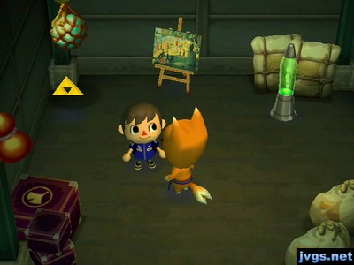 A triforce, a calm painting, and a green lava lamp in Crazy Redd's shop.