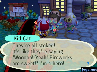 Kid Cat: They're all stoked! It's like they're saying "Wooooo! Yeah! Fireworks are sweet!" I'm a hero!