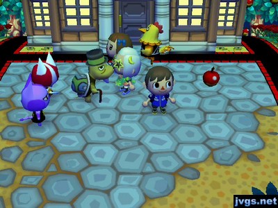 Jeff, Yann, Megan, Tortimer, and three villagers hanging out around town hall.