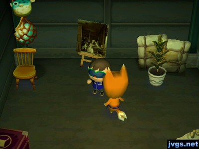 A ranch chair, a solemn painting, and a croton for sale in Crazy Redd's shop.