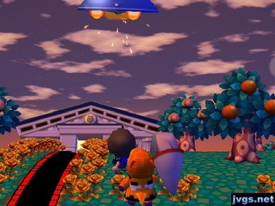 Hitting a UFO with a shot from my slingshot, as Anabelle looks on.