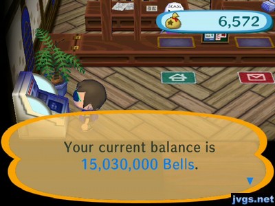 Your current balance is 15,030,000 bells.