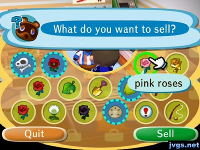 About to sell some pink roses and other items at Nook's shop.