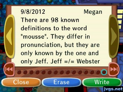 There are 98 known definitions to the word "mousse". They differ in pronunciation, but they are only known by the one and only Jeff. Jeff =/= Webster.