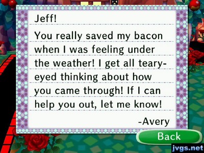 Jeff! You really saved my bacon when I was feeling under the weather! I get all teary-eyed thinking about how you came through! If I can help you out, let me know! -Avery