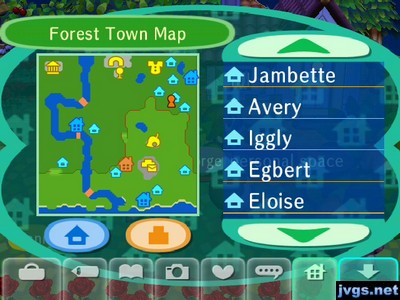 My town map, showing five villager houses in the northeast corner of town.
