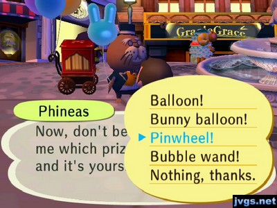Choosing a pinwheel from among the gifts offered by Phineas.