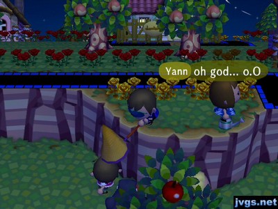 Jeff (on a cliff) trying to hit Jorge (down below) with a net.