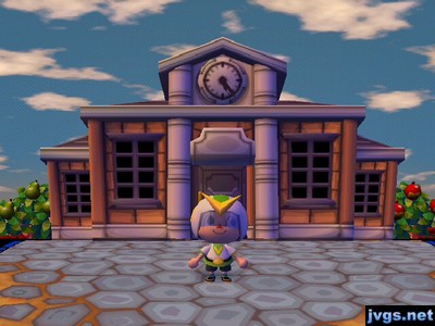 Standing in front of town hall, wearing the green zap suit.
