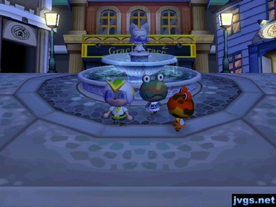 Standing next to Camofrog and Drift near the fountain in the city.