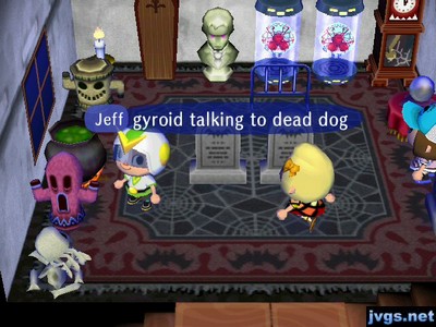 A gyroid appears to be talking to a creepy skeleton.