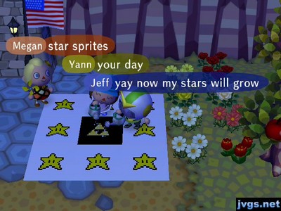 Watering a black Triforce pattern that is surrounded on all sides by eight white star patterns.