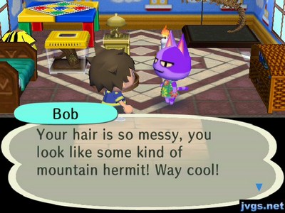 Bob: Your hair is so messy, you look like some kind of mountain hermit! Way cool!