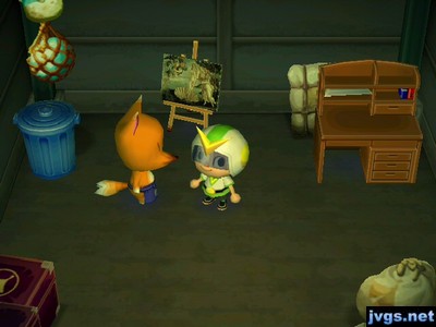 A garbage pail, a moving painting, and a writing desk on sale in Crazy Redd's shop.