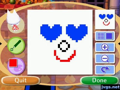 A smiley face pattern with blue hearts as the eyes.