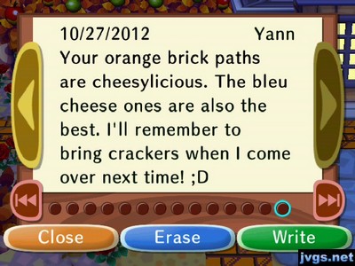 Your orange brick paths are cheesylicious. The bleu cheese ones are also the best. I'll remember to bring crackers when I come over next time! -Yann