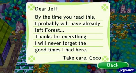 Dear Jeff, By the time you read this, I probably will have already left Forest... Thanks for everything. I will never forget the good times I had here. -Take care, Coco