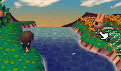 Animated GIF of me waving to Coco from across the river in Animal Crossing: City Folk (ACCF).