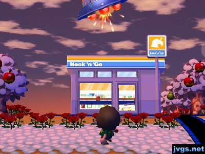 Shooting Gulliver's space ship (UFO) with my slingshot, right in front of Nook 'n' Go.