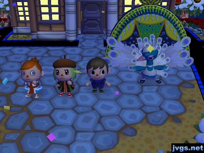 Olivia, Yann, and Jeff standing near Pave during Festivale in Animal Crossing: City Folk (ACCF) for Nintendo Wii.