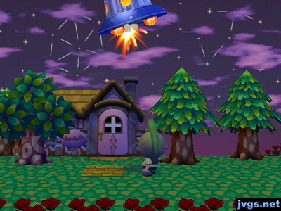 Shooting Gulliver's spaceship (UFO) with my slingshot in Animal Crossing: City Folk (ACCF) on Wii.