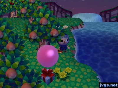 A pink balloon present floats by in Animal Crossing: City Folk (ACCF) for Wii.