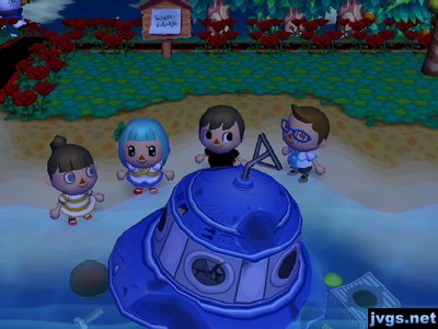 A group photo featuring Olivia, Yann, Jeff, and Jorge standing by Gulliver's crashed UFO in ACCF.