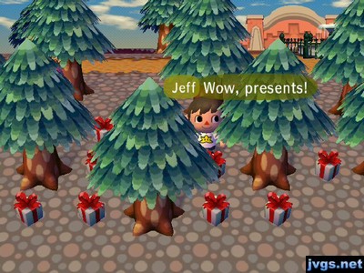 A bunch of presents under the cedar trees.