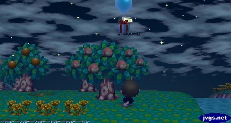 Shooting down a balloon present at night in Animal Crossing: City Folk.