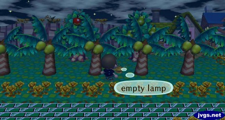 Wisp's empty lamp near the palm trees in Animal Crossing: City Folk.