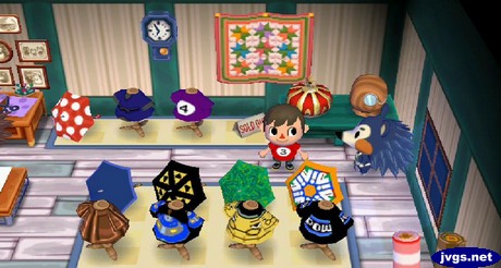Jeff wearing a three-ball shirt in Able Sisters in Animal Crossing: City Folk (ACCF) for Nintendo Wii.
